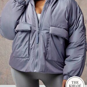 NWT M Fabletics Khloe Kardashian All Weather Puffer Crop Jacket Gun Metal Shine